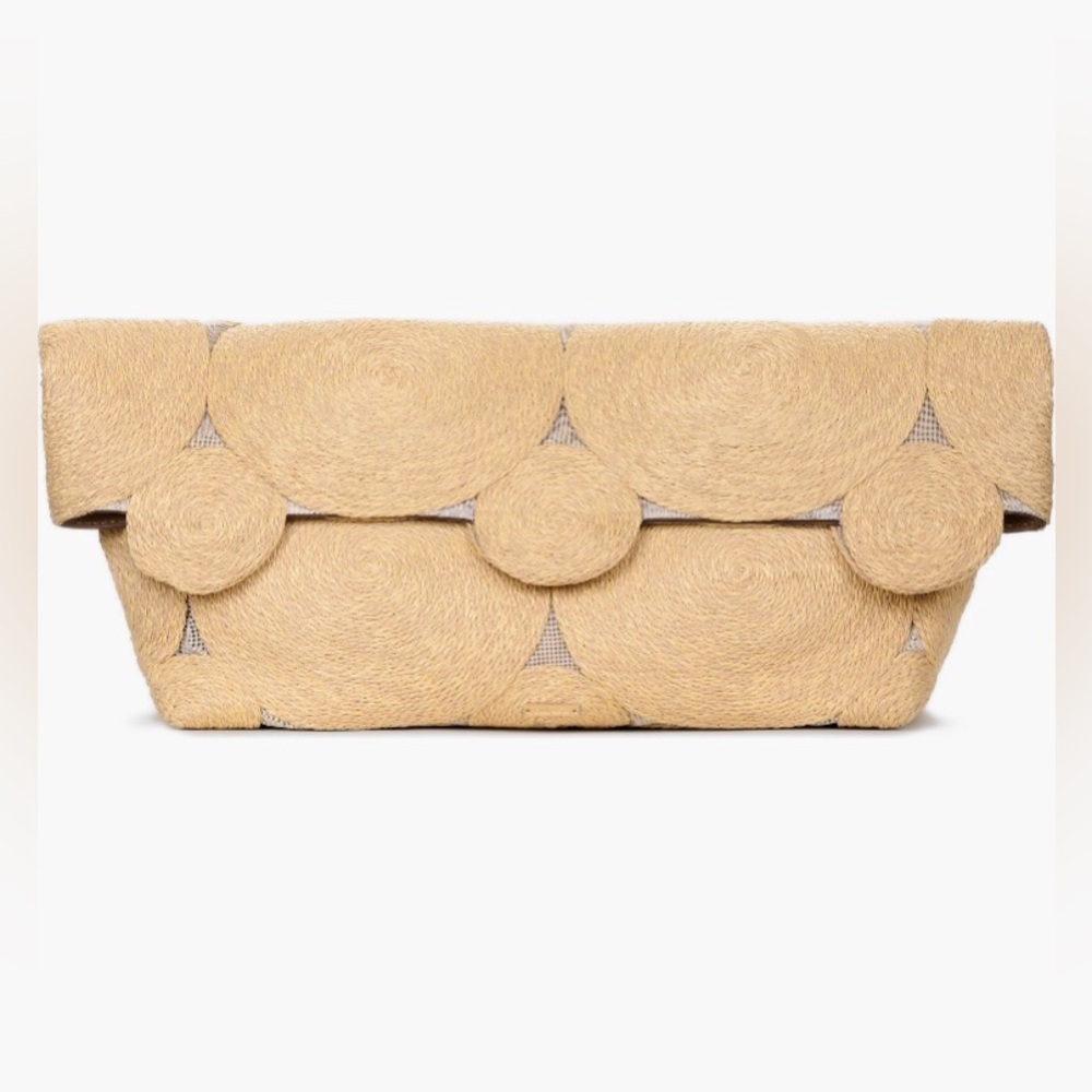 NWT $398 Cult Gaia Brynn Clutch in Raffia Textile and Leather Trim - Natural!